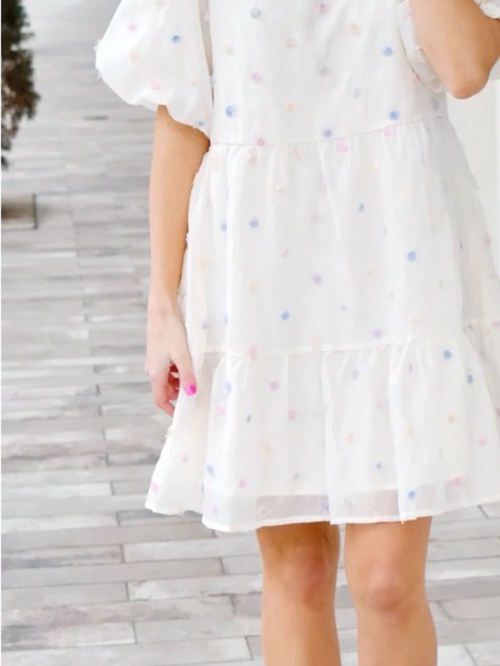entro Cream Tiered Mini Dress with Pastel Polka Dots - Picture 11 of 12